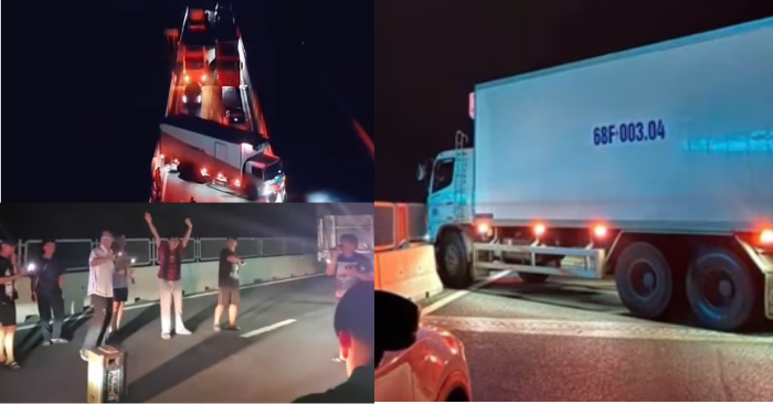Chiếc xe tải chắn ngang đường sau va chạm. Một số tài xế mang loa ra hát cùng nhau trong khi chờ giải quyết hiện trường (Ảnh ghép: Vietnamnet)